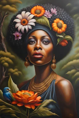close up of a Fantasy miniscule 90 year old black women, the woman has extra-large googly 3D eyes, and fantasy flowers and trees professional award-winning masterpiece rich colored airbrush oil painting on canvas Atmospheric extremely detailed