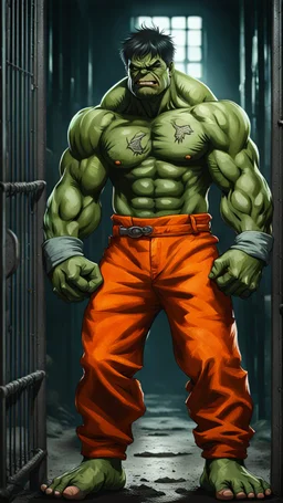 dark aesthetic, a cute hulk wearing an inmate orange jumpsuit outfit in prison, high detail, high-resolution, professional photography, ultra-detail, fantasy art