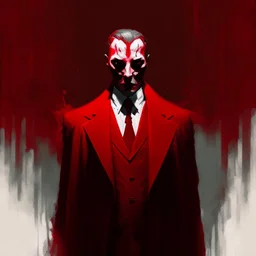 a sinister figure wearing a red suit with a red tie and a priest's frock with no face and dirty slicked back hair