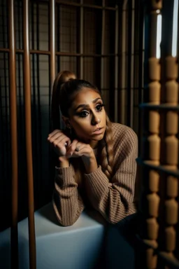Beautiful Ariana Grande, naughty face, long toungue, sitting in a prison cell wearing tattered tight old-fashioned prison garb