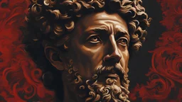 the painting of Marcus Aurelius, 4k quality, vivid, existential facial expression, art, vivid, intricate, war, painting, he exudes divine inspiration. His flowing robes and elegant posture reflect his grace and creativity. the war and destruction of the roman empire is happening in the background, he is glows but is obfuscated by the dark black and red background of the war that destroys the roman empire