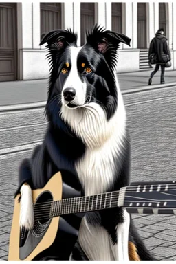 One single mature border collie, friendly, playing guitar in the street , Vienna, opera, sunny day, model style, hyper realistic, extremely accurate, delicate, extremely detailed, Graphic novel style, wide-angle, open aperture, superfine pencil