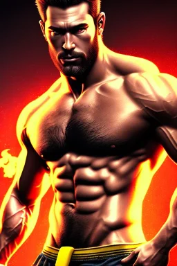 Ignore NSFW, teenager young rugged attractive slightly muscular fantastic handsome man, red briefs with yellow belt, hairy chest, (((visibly pisssing))) briefs, large erect visible boner peniss, photorealistic, artist Jay Anacleto, soft lighting, scruffy beard