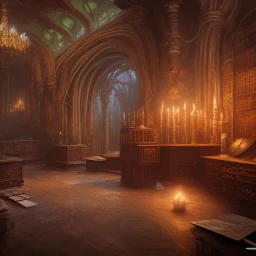 Fantasy concept art, dynamic lighting, hyperdetailed, intricately detailed, Splash screen art, deep color, Unreal Engine, volumetric lighting, fantasy library artwork, indoors, cozy, red leather, marble, library, white candles, white silk, vines, moss, gothic cathedral,