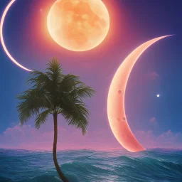 1980's vaporwave aesthetic palm trees with lightning with lunar eclipse moon crescent in the ocean waves sunset