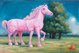 Big pink plastic toy horse.19th painting