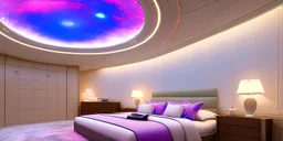 luxurious bedroom cabin inside a big extraterrestrial starship, oval window, soft blue and pink lights, large screen on the wall plants, flowers,