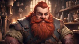 A bold dwarf, with thick red beard. His eyes have brownish-red irises andbackground in shade of light wood. He is in his workshop.