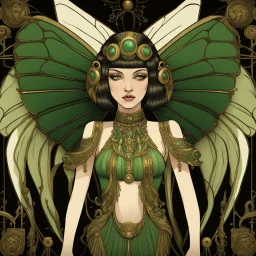 Full body, art nouveau woman with a bob with a fringe hairstyle, Cleopatra clothing, steampunk metal butterfly wings, green markings, black background