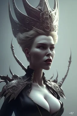 Hannah Waddingham as evil queen in black leather, busty, cleavage, dominatrix, curvy, angry, stern look. character design by cory loftis, fenghua zhong, ryohei hase, ismail inceoglu and ruan jia. unreal engine 5, artistic lighting, highly detailed, photorealistic, fantasy