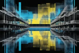 Double exposure transparent glich picture silhouette of a building, bridges, white noise, distorted, abstract patterns, glitch art with distorted shapes, optical illusion, gray-yellow and blue gradient effect, rhythmic noise particles. Grain scored texture. Black background.