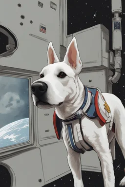Portrait of a white dog with pointy ears in space wearing the US uniform,slim, tall, pretty