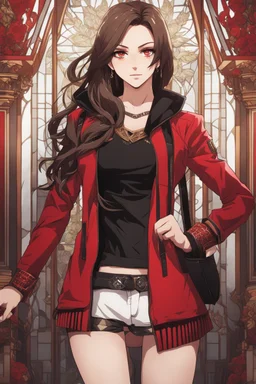 A young woman with pale skin and long brown hair in a modern setting with intricate details. She is wearing casual black and red clothes. She is smirking, has intense red eyes, intimidating presence, high definition. anime style.