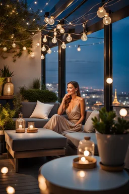 Middle shot from a beauty lady is sitting on the sofa in a nice shiny dress and enjoying the evening atmosphere. , a Roof terrace with sofas, one poof a small table with cocktail and potted plants. The area is lit by string lights, cozy atmosphere. the illuminated terrace and the view of the big city in the background makes this environment relaxing and spectacular. high detalied, cinematic