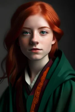 A girl with red hair and green eyes and she is wearing a Hogwarts robe
