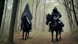 warrior in armor covered by black robe and hood mounted on a horse in the forest