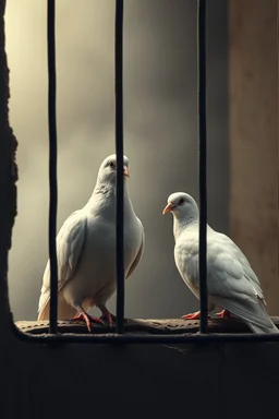 Extremely realistic photo of two white doves prison , wall wit , fog, general foul weather, (Rembrandt Lighting), zeiss lens, ultra realistic, (high detailed skin:1.2), 8k uhd, dslr, Dramatic Rim light, high quality, Fujifilm XT3, artwork in pale distressed tones , minimalistic approach, blends old world aesthetics art with elements of distressed painting and illustration, shadow play, high conceptuality, palette inspired by Charlene Mc Nally, Bosch