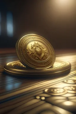 a single thin gold coin laying down on a table with a simple crown symbol on the front of the coin, fantasy concept art, dynamic lighting, intricately detailed, Unreal Engine