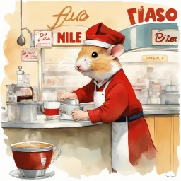 anthropomorphic hamster barista with text "FLO" nametag wearing a red apron and do-rag working behind a counter of a 50's diner serving coffee to old man, artistic, nostalgic, by Pascal Campion and Stevan Dohanos and Norman Rockwell, dramatic, impressionist painting, watercolor with medium brush strokes, technically perfect, dynamic