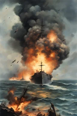 batlle between batlle ship 1943 [fire , bombs,sea]