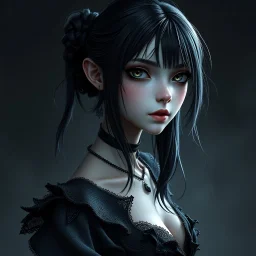 a pretty girl, skinny, dark hair, gothic clothes, dark fantasy, pale, stylised, unreal engine