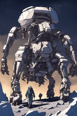 I want an image of a eight legged mechanical walker mech scaling the side of mout everest at night, it has a smooth surface