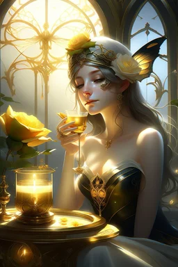 digital painting, unreal engine, blender art by artgerm, Greg Rutkowski and Alphonse mucha, a BLACK rose lies on the table, a golden butterfly on a candle, sadi sees a mirror with a spider web, white radiance, symmetry, super detail, hyper realistic, festive dream