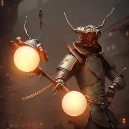 close-up of a insect with samurai armor in a low-light city street with laterns, realistic, steampunk, 3d-art, futuristic, minimal design, unreal engine