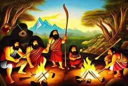 caveman holding a club, cave, cave bear, campfire, stone age, tibetan painting, masterpiece, mellow, dawn,