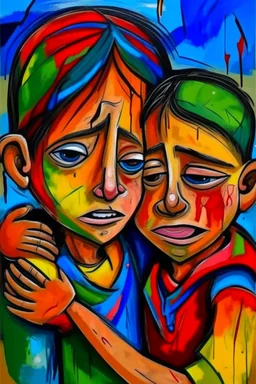 a girl hug her brother and both crying sadly, expressionism, Pixar style, in abstract art Basquiat, Picasso, Miro, Kandinsky, Klee, Birell, Fairey, Ardon, Buffet and Picasso style, HD --s 750 --v 5.1 --style raw, water color