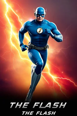 1/4 side view, looking at the viewer, Movie Poster - "THE FLASH" - A massive, thick, extremely muscular, 7'8" tall man, ((skintight, formfitting, long-sleeved, Blue spandex bodysuit:1.5)), ((Silver knee-high boots:1.5)), ((Silver wrist gauntlets, blue fingerless gloves, silver, double holstered utility belt:1.5)), ((skintight, formfitting, blue spandex helmet with blue eye disguise,:1.5)), Running, multicolored lightning emanating from his body, an overly exaggerated muscular stature