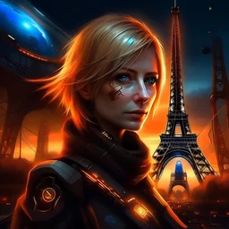 Portrait marianne symbole france cyberpunk, incendie tout eiffel en arrière plan