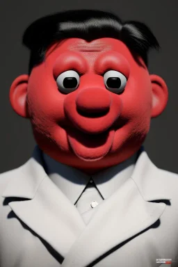 Waist up muppet Portrait, Kim Jong-un muppet doll, black suit, photo studio, red background, unreal engine 5, concept art, art station, ray tracing, lumen lighting, ultra detail, volumetric lighting, 3d.