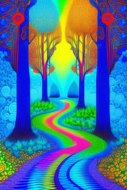 Psychedelic hassidic style artwork of a Path to heaven with a tree in the center, with bright and blue colors in a childish style