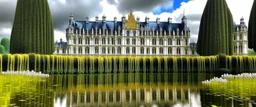 A white cloudy sky with a puffy palace painted by Claude Monet