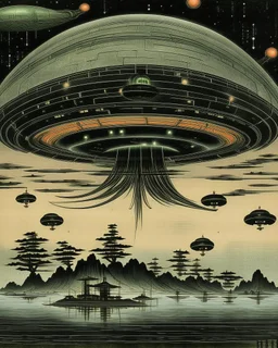 A black UFO with lasers painted by Utagawa Hiroshige
