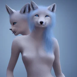 full-body portrait of one light-blue fox-like human female, skin whole body, volumetric lighting, intricate detail, realistic