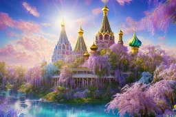 colorfull crystal russian PALACE, sun,swanns,waterfall, BLUE LAKE, SWANNs,fuksia bugainvillier flowers, jacaranda violet trees, sky pink blue, full of details, smooth, bright sunshine，soft light atmosphere, light effect，vaporwave colorful, concept art, smooth, extremely sharp detail, finely tuned detail, ultra high definition, 8 k, unreal engine 5, ultra sharp focus