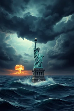 Hyperrealistic illustration of the Statue of Liberty sinking in a vast ocean, with waves gently lapping against it. The sky is dark and stormy, with heavy, ominous clouds swirling above. In the distance, a nuclear explosion contrasting with the dramatic, turbulent atmosphere. The overall scene should be moody and surreal, with intricate textures on the statute to highlight its grandeur and mystery.