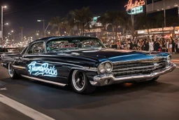 Ford Thunderbird lowrider with souped up hydraulics bouncing up and down during a night street racing event at a Los Angeles street, car's wheels are off ground, neon, fast and furious aesthetic, young glamorous onlookers dressed in flashy streetware, photograph