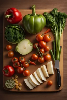 A hyper-realistic, A close-up of a wooden cutting board with a variety of vegetables being diced. full size ,Photo Real, HOF, full size, practicality,manufacturability,performance, (((realism, realistic, realphoto, photography, portrait, realistic, elegant, charming, , professional photographer, captured with professional DSLR camera, trending on Artstation, 64k, ultra detailed, ultra accurate detailed, bokeh lighting, surrealism, Thomas Kinkade backgroun