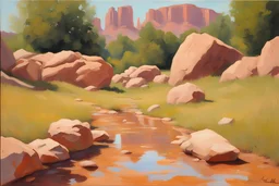 Sunny day, rocks, mountains, puddle, sci-fi movies influence, fantasy, rodolphe wytsman and ludwig dettman impressionism paintings