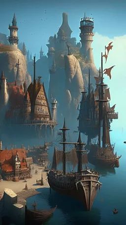 medievil gothic town with large harbour with piers and small ships and figures, cliffs to rear