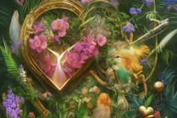 Tropical flowers, realistic heart drawing, crystals, tropical leaves, sacred altar, Fantasy home, Helen with cute animal