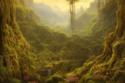 A beautiful and highly detailed oil painting of a secret valley deep in the mountains, ancient trees, lush plant growth, tall grass, flowers, intricate details, epic scale, insanely complex, rivendell, 8 k, sharp focus, hyper realism, fantasy landscape, psychedelic, by caspar friedrich and brian froud