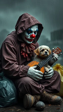 A sad hooded homeless clown with ugly clown make up sitting with his small dog , an old broken ukulele beside him with trash bags , in the background a, dark cloudy rainy weather