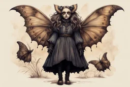 Jean-Baptiste Monge style 19th century hand drawn full body illustration of a walking hybrid Polyphemus moth goth girl, with highly detailed facial features with multi cellular eyes, drawings, 8k, vibrant natural colors,