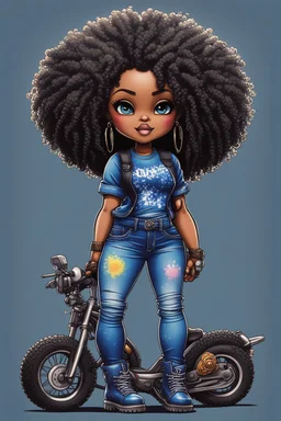 create an stippling art illustration of a chibi cartoon voluptuous black female wearing a blue jean outfit with a tie dye tshirt with biker boots. Prominent make up with hazel eyes. Extremely highly detail of a tight curly black and shiny afro. Background of a bike show