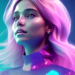 A portrait of a crystalised girl,smiling, longs hairs, atmospheric, realistic, cinematic lighting, octane render, pink turquoise light, 8k, , galactic atmosphere