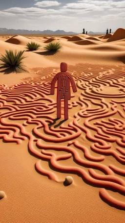 A tan sandy desert with cactuses painted by Keith Haring
